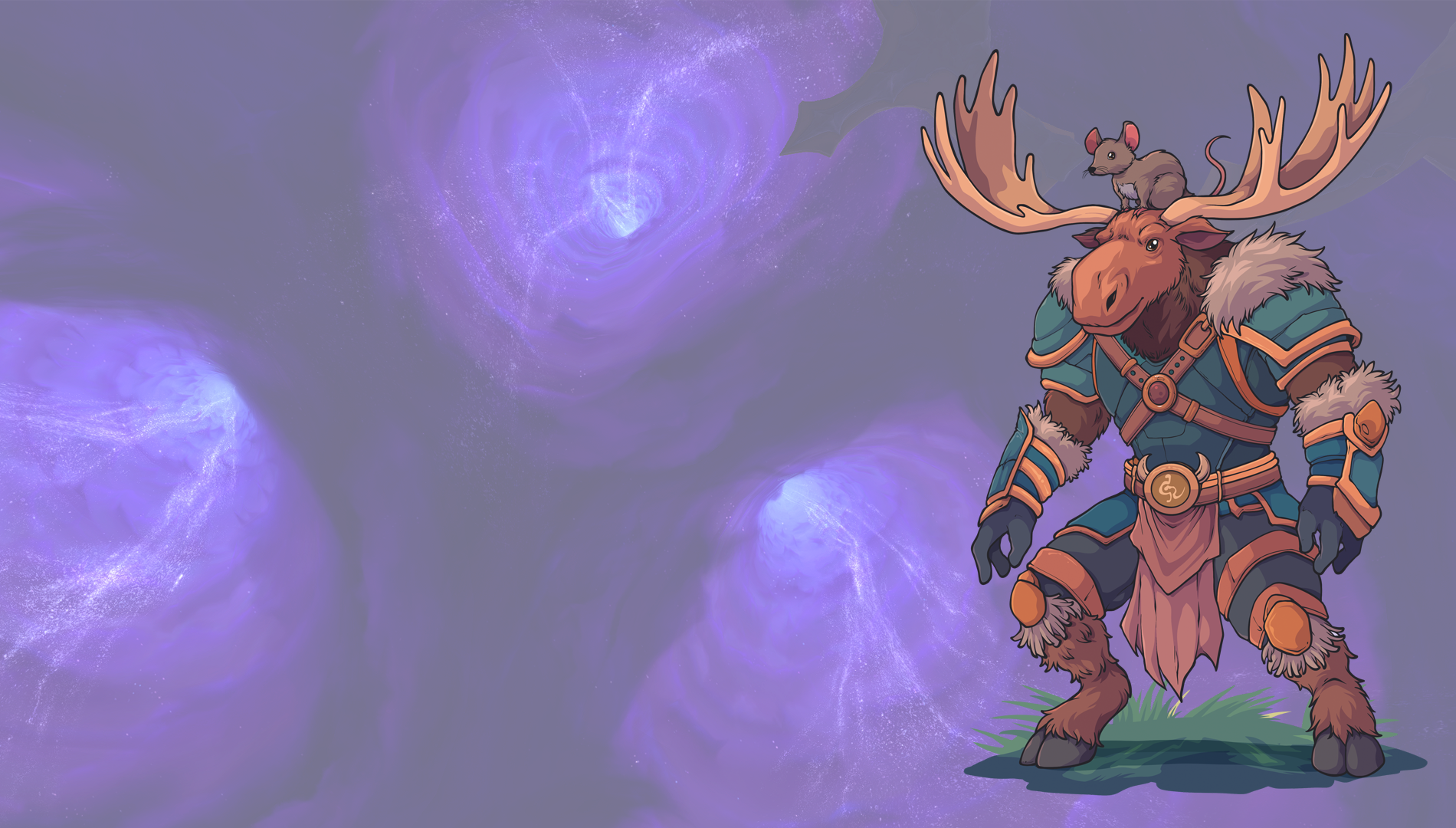 Autonomoose, an armored moose warrior in teal and copper plate, with Autonomouse the mouse perched between his antlers